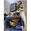 Image 1 : TOTE OF VARIOUS TOOLS, LIGHTS, PORTABLE CAMP STOVE, ETC
