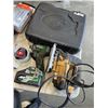 Image 2 : TOTE OF VARIOUS TOOLS, LIGHTS, PORTABLE CAMP STOVE, ETC