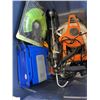 Image 4 : TOTE OF VARIOUS TOOLS, LIGHTS, PORTABLE CAMP STOVE, ETC