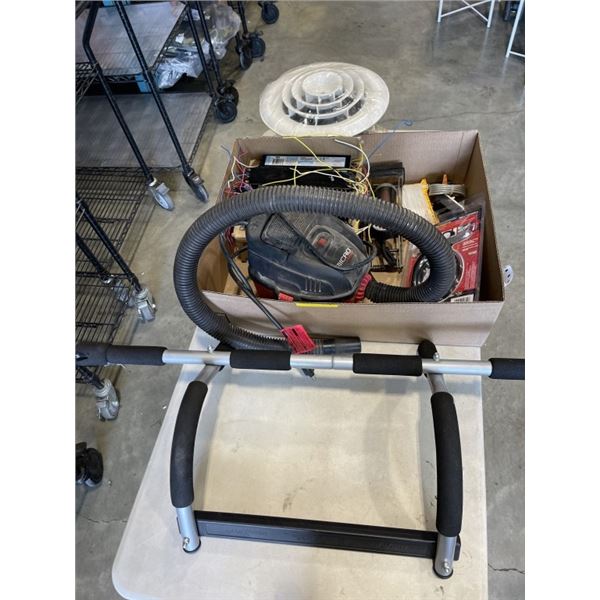 LOT OF VARIOUS ELECTRONICS, MINI SHOP VAC, CHIN UP BAR, ETC