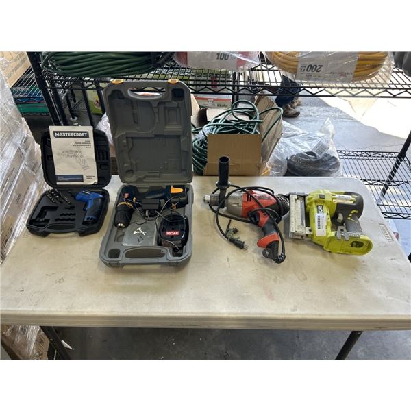 ASSORTED POWER TOOLS INCLDUING RYOBI ONE+ NAILER, NO BATTERY