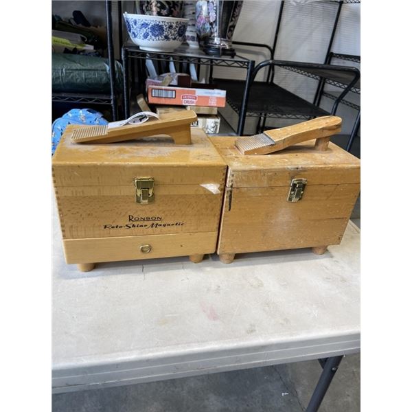 2 WOOD STORAGE BOXES FULL OF POLISHING SUPPLIES