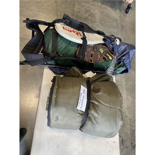 HIKING BACKPACK, TENT, SLEEPING BAG,BASEBALL GLOVE  AND TENNIS RACKET