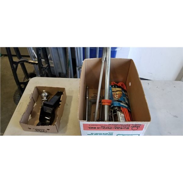 ASSORTED SHOP TOOLS, NEW WORK LIGHT, BREAKER BAR, AND TRAILER HITCH WITH BALL