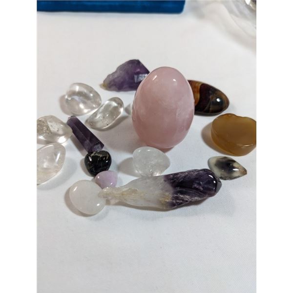 GENUINE ROSE QUARTZ EGG, AMETHYST, ROCK CRYSTAL AND OTHER STONES