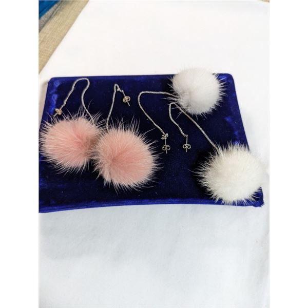 2 PAIRS OF 925 STERLING SILVER W/ WHITE AND PINK ANGORA RABBIT FUR EARRINGS