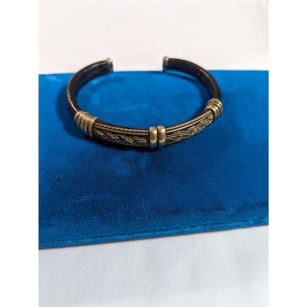 VINTAGE LEATHER W/ SILVER DECOR OPEN CUFF BANGLE