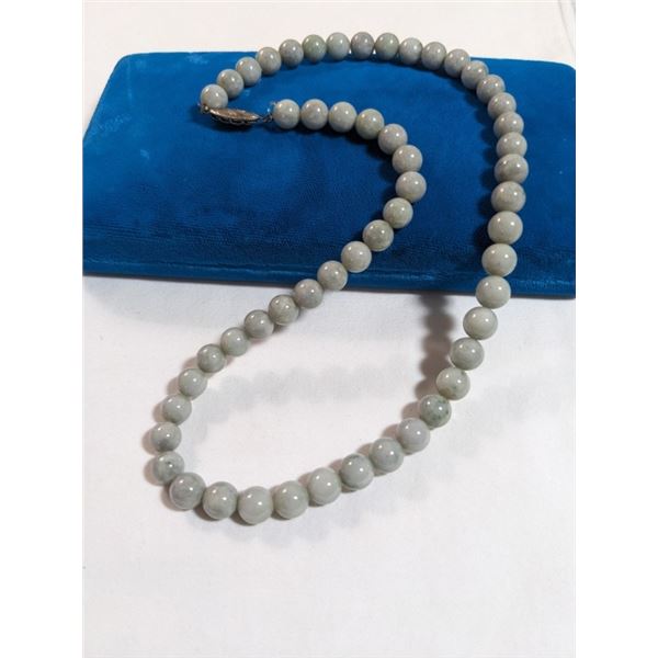 VINTAGE GREEN STONES BEADS NECKLACE, MARKED SILVER CLASP