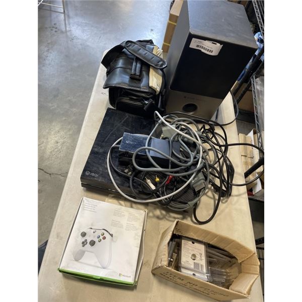 LOT OF ELECTRONICS - XBOX AND CONTROLLER, SONY CAM CORDER, SPEAKER, NEW LIGHTS