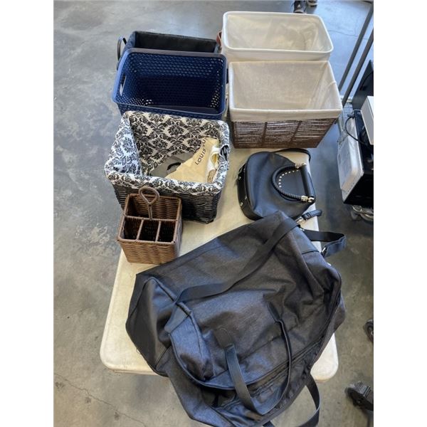 LOT OF STORAGE BASKETS, HUGO BOSS TOTE BAG, AND LADIES PURSE