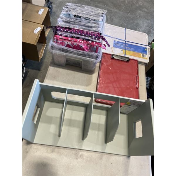 TRAY OF NEW MAKEUP POUCHES AND A DRY ERASE BOARD