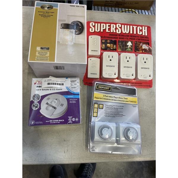 NEW SMOKE ALARM, TIMERS AND PLUGS WITH REMOTE, LIGHT FIXTURE ETC
