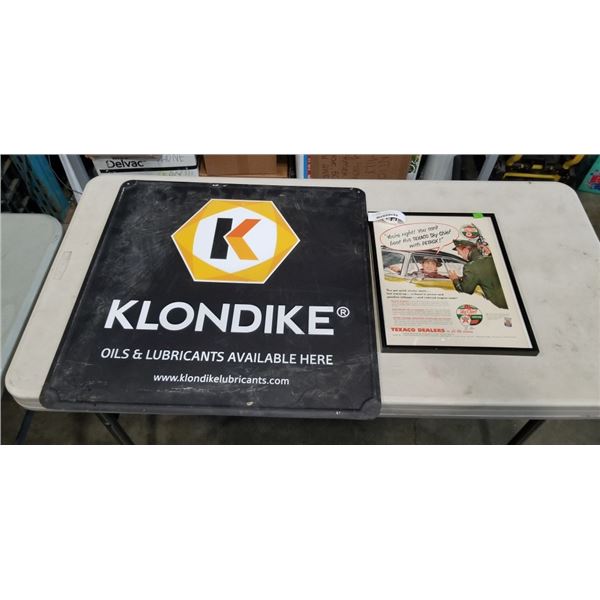 LARGE METAL KLONDIKE OIL SIGN AND VINTAGE TEXACO PRINT