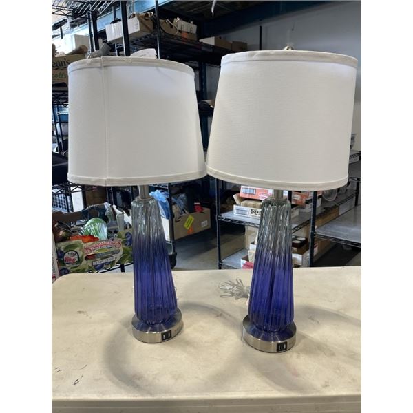 2 BRAND NEW GLASS TABLE LAMPS W/ FABRIC SHADE, 3-WAY TOUCH DIMMING CONTROL AND DUAL USB PORTS