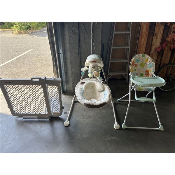FISHER PRICE BABY SWING, HIGH CHAIR, AND BABY GATE