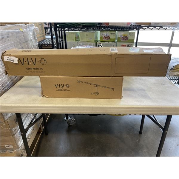 VIVO TRIPLE MONITOR DESK STAND AND VIVO BLACK 71" X 36" RGB DESK PAD