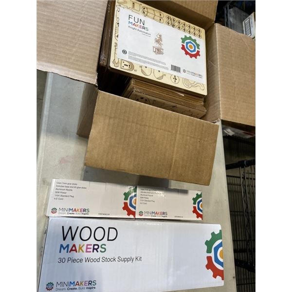 NEW 30PC WOOD STOCK SUPPLY KITS, 2 HOT GLUE GUN STANDS W/ 20 STICKS, AND CASE OF KNIGHT AUTOMATON