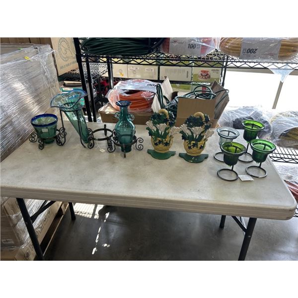 DECORATIVE GLASS VASES WITH STANDS AND TWO CAST IRON DOOR STOPS