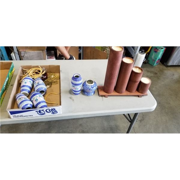 TRAY OF NEW VASES AND WOODEN CANDLE SET