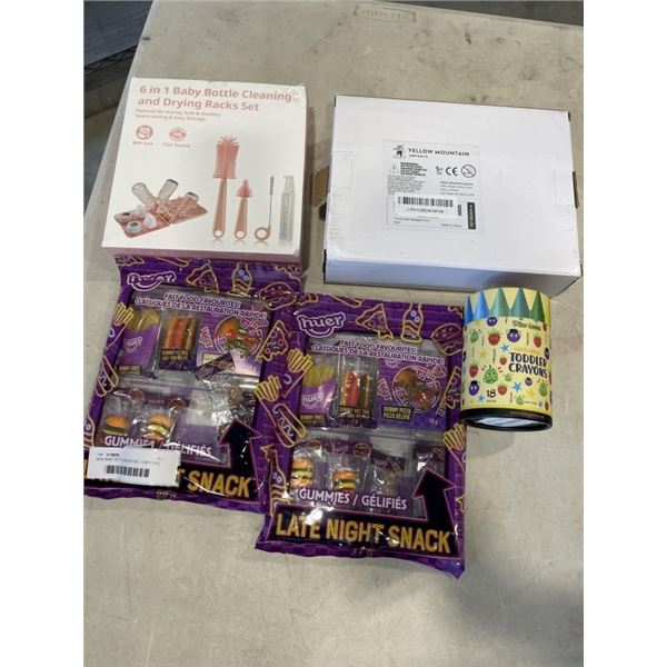 NEW BABY BOTTLE BRUSH SET, CRAYONS, TRAVEL SIZE BACKGAMMON, AND LATE NIGHT SNACKS