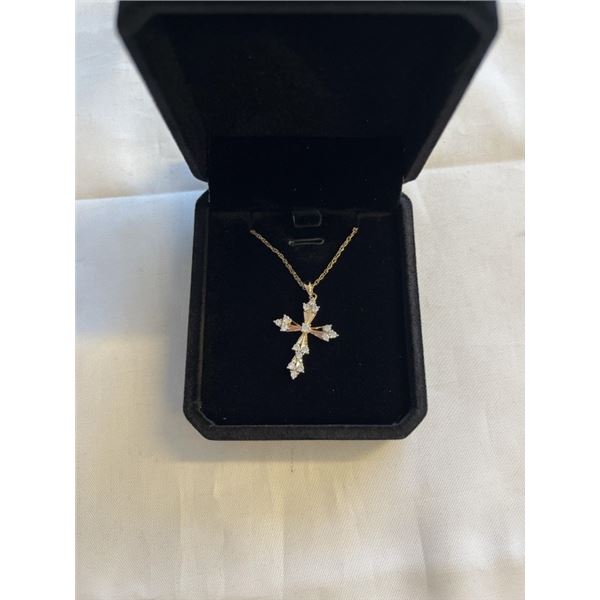 NEW 18K GOLD PLATED 30.0MM SIMULATED DIAMOND (CZ) CROSS NECKLACE, CHAIN 18" LONG