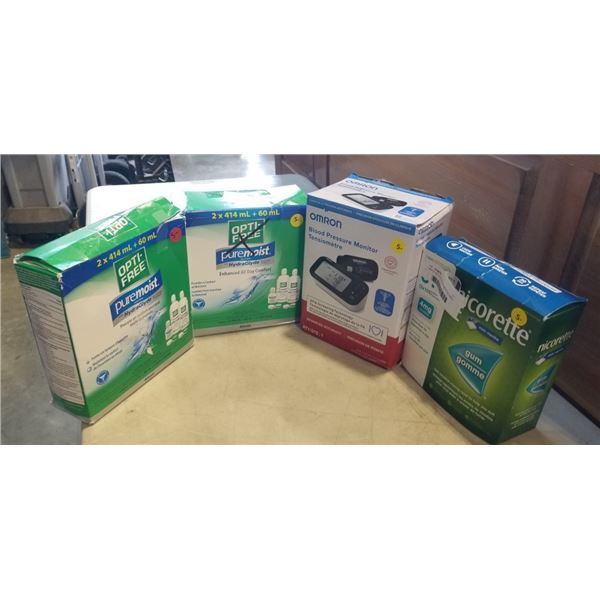OMRON BLOOD PRESSURE MONITOR AND 2 PACKS OPTIFREE PUREMOIST SOLUTION AND PACK OF NICORETTE MINT GUM