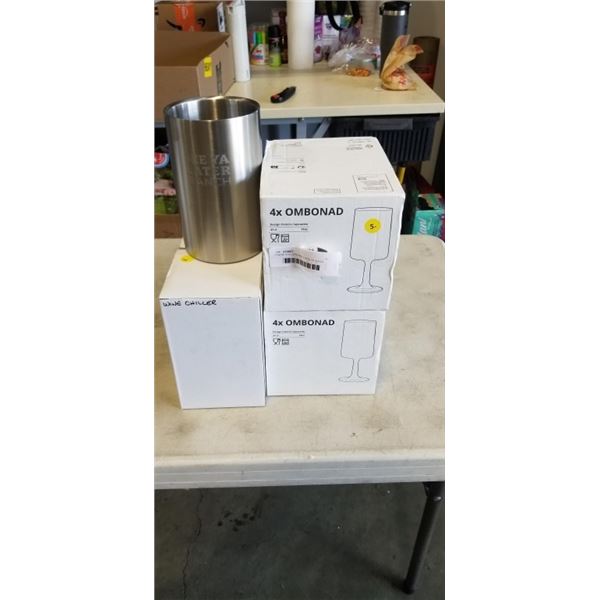 3 WINE CHILLERS AND 2 SETS OF 4 IKEA OMBONAD GLASSES