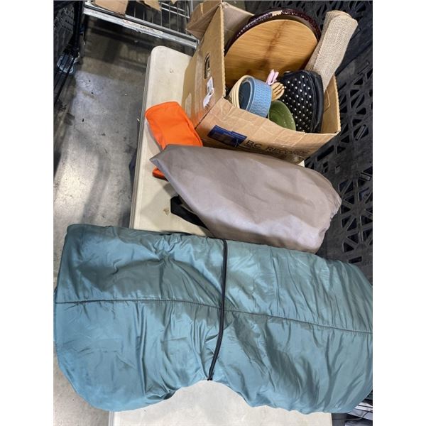 AIR MATTRESS, SLEEPING BAG, SKI GOGGLES, BOX WITH BOWLS ETC