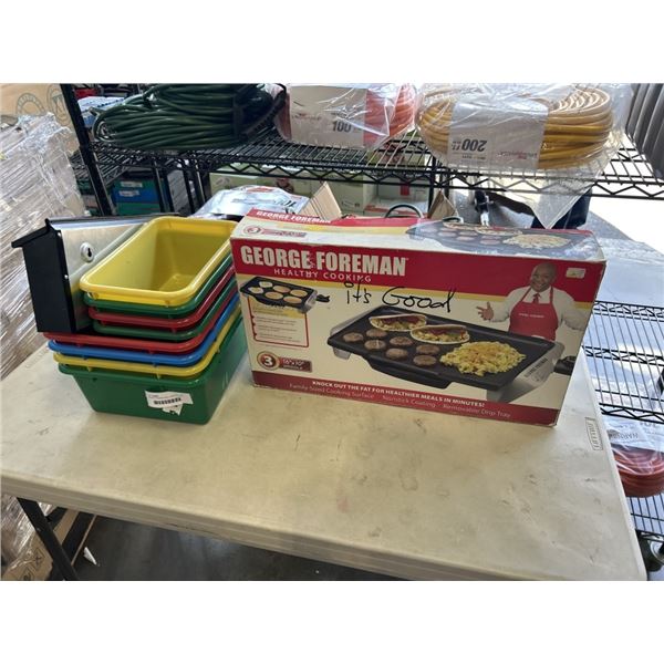 GEORGE FOREMAN GRILL, MAILBOX AND ASSORTED PLASTIC BINS