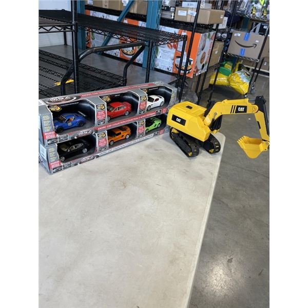CAT BACKHOE TOY AND SIX EXOTIC CARS