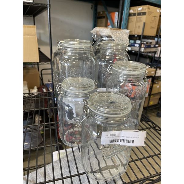 2 DRINK DISPENSERS AND 5 LARGE MASON JARS