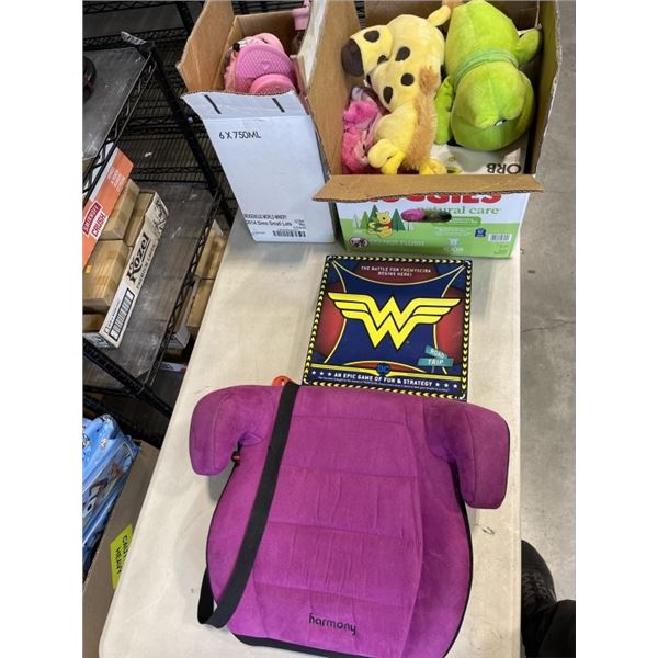 LOT OF STUFFIES, GIRLS SLIPERS, SUPERHERO GAME AND BOOSTER SEAT