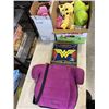 Image 1 : LOT OF STUFFIES, GIRLS SLIPERS, SUPERHERO GAME AND BOOSTER SEAT