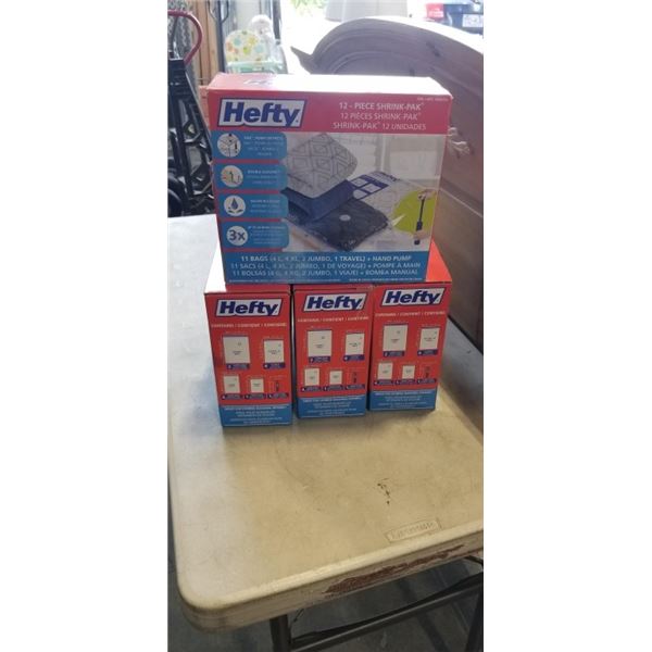 4 PACKS OF HEFTY 12 PIECE SHRINK PAKS.