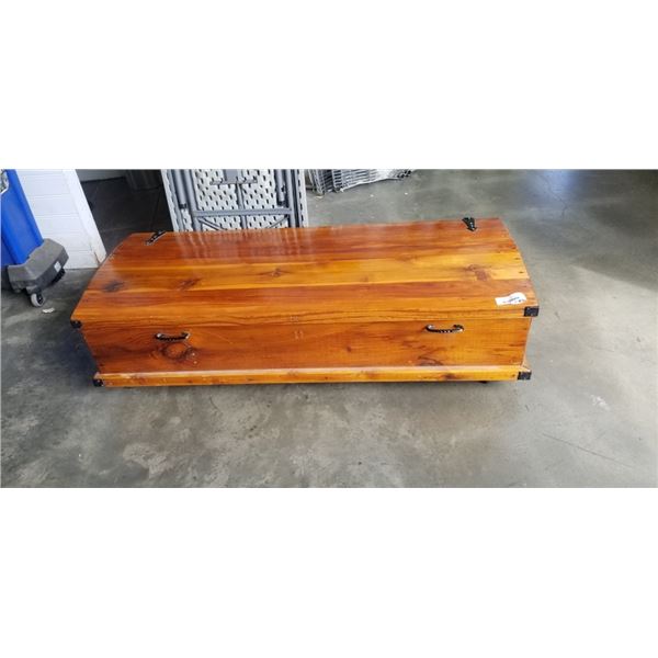 LARGE WOODEN TRUNK 58: LONG, 23" WIDE W/ TIE DOWN STRAPS
