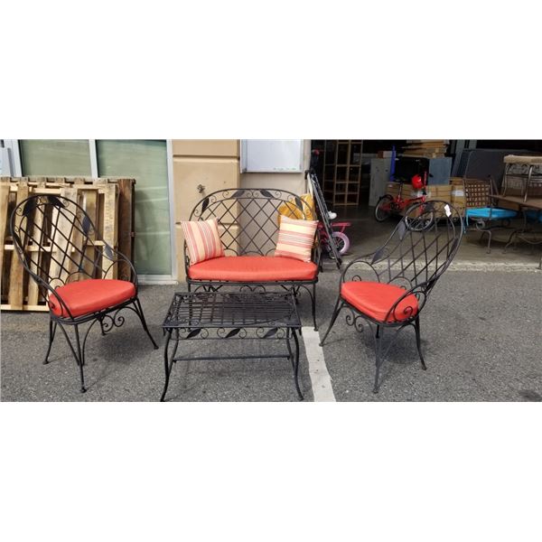 4PC OUTDOOR PATIO CONVERSATION SET W/ ORANGE CUSHIONS - LOVE SEAT, 2 CHAIRS, AND TABLE