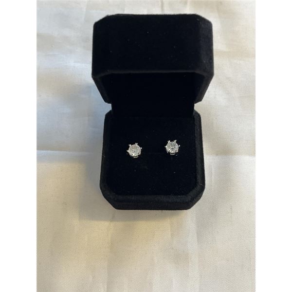 NEW S925 0.6CT EACH SIMULATED DIAMOND (CZ) STUD EARRINGS, MOUNTED IN 925 STERLING SILVER W/ WHITE GO