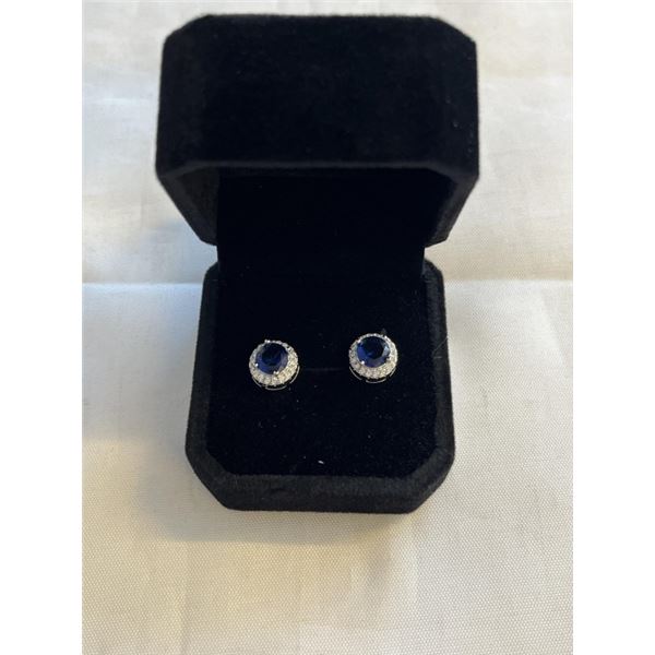 NEW S925 0.8CT EACH BLUE SIMULATED DIAMOND (CZ) HALO STUD EARRINGS, MOUNTED IN 925 STERLING SILVER W