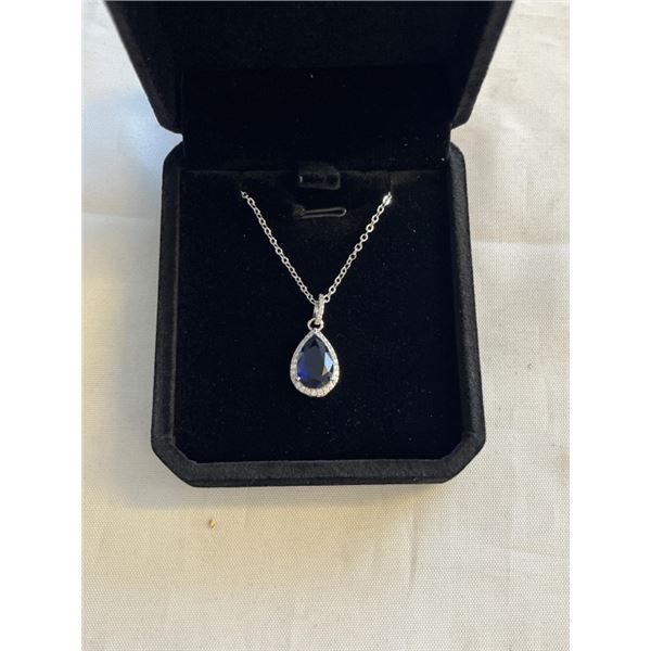 NEW PLATINUM PLATED 2.0CT PEAR CUT BLUE SIMULATED DIAMOND (CZ) HALO NECKLACE, 16-18" LONG