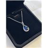 Image 2 : NEW PLATINUM PLATED 2.0CT PEAR CUT BLUE SIMULATED DIAMOND (CZ) HALO NECKLACE, 16-18" LONG
