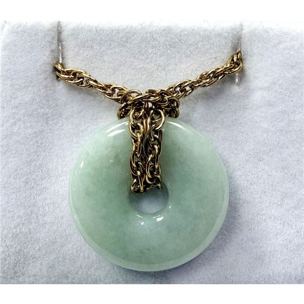 NATURAL JADEITE PENDANT WITH BRASS CHAIN, RETAIL $350.00.