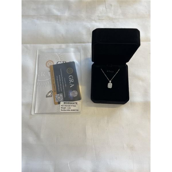 NEW S925 1.0CT EMERALD CUT MOISSANITE STONE HALO NECKLACE, 16-18" LONG, MOUNTED IN 925 STERLING SILV
