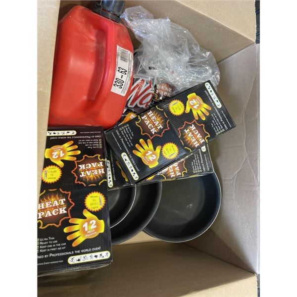 BOX OF MISC ITEMS - FRYING PANS, HEAT PACKS, JERRY CAN, ETC