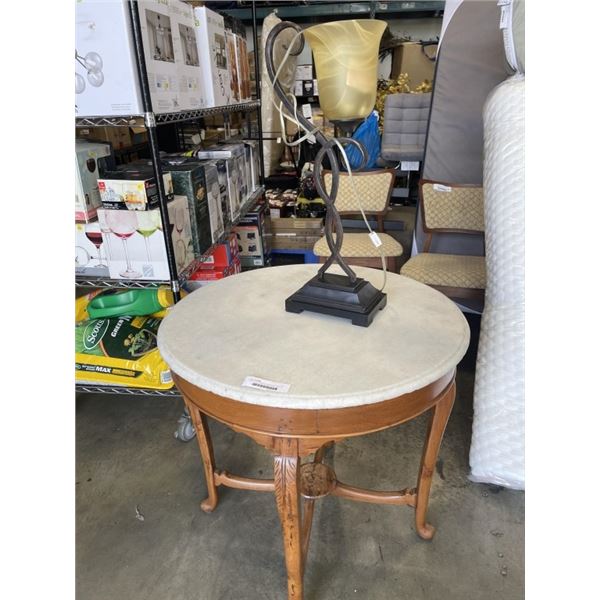 ROUND 30" STONETOP ANTIQUE PARLOUR TABLE WITH LAMP