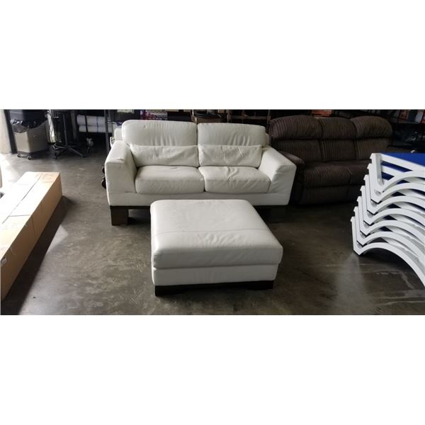 NATUZZI WHITE LEATHER COUCH W/ OTTOMAN