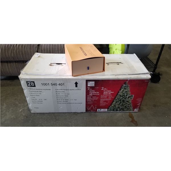 7.5FT PRE LIT CHRISTMAS TREE AND SMALL BOX OF DECOR