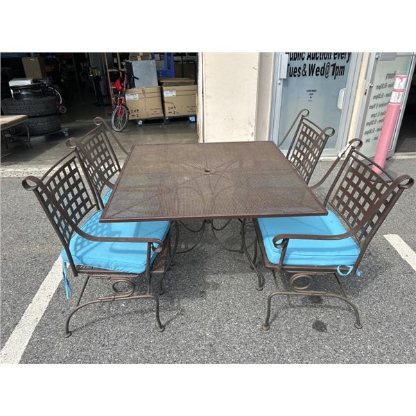 5PC METAL PATIO SET - 4 CHAIRS AND TABLE  W/ BLUE CUSHIONS