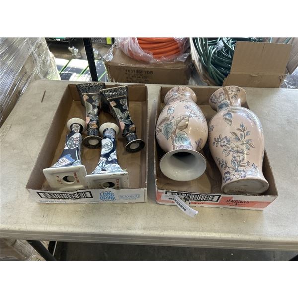 4 NEW CERAMIC CANDLESTANDS AND 2 NEW CERAMIC VASES