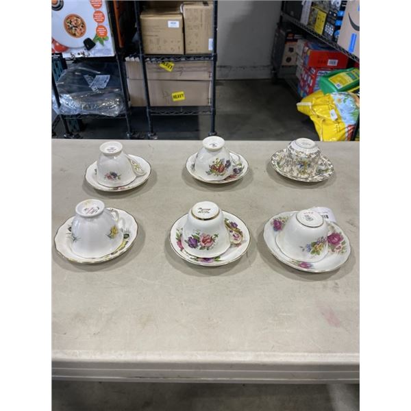 6 CHINA  CUPS AND SAUCERS -  QUEEN ANNE, COLOUGH, REGENCY, FOLEY, AND "REGINA"