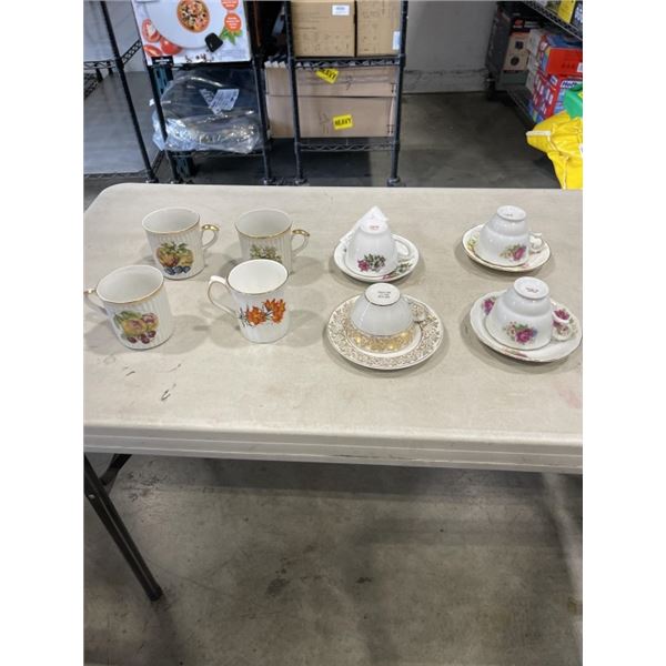4 CHINA MUGS AND 4 CUPS AND SAUCERS - ENGLISH 22KT GOLD, 2 MADE IN JAPAN, AND 1 MADE IN CHINA